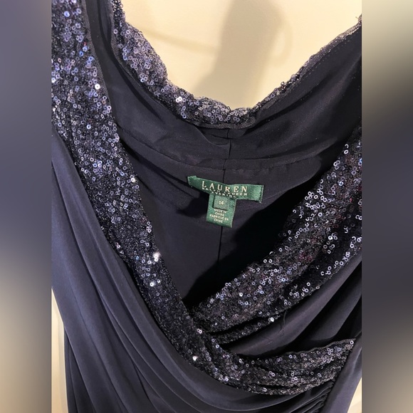 Lauren Ralph Lauren navy knee length evening dress w sequin collar details SZ 14 - Picture 3 of 6